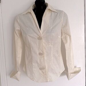 JANE BLUE Long sleeve button down creme eyelet/lace blouse with cuffs Size Small